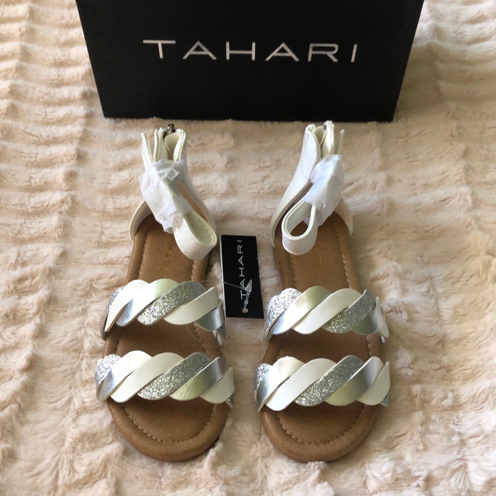 NWT Tahari Girl's Braided Metallic Sandals White